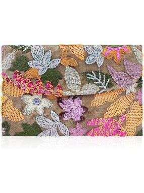Women's Orange Embroidered Sequin Beaded Floral Wedding Clutch Evening Bag